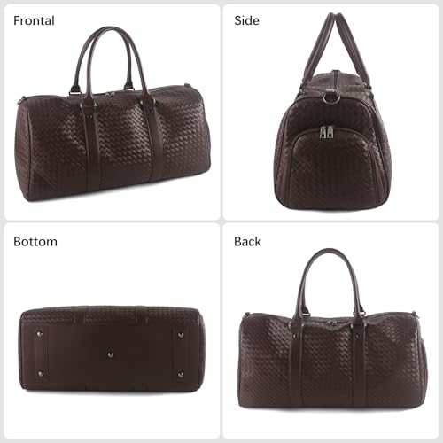 Weekender Bags for Women Woven Leather Travel Duffle Bag Gym Tote (Coffee) | Carry On Bag for Men with Shoe Compartment Dry and Wet Separation - color: Coffee