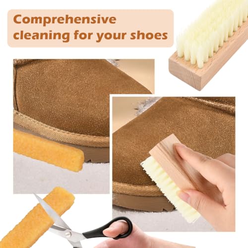 3Pcs Suede Shoe Brush and Eraser Set, Multi-Purpose Rubber Cleaning Brush for Shoes, Wood Handle Soft Brus-h and Stain Eraser for Leather(Color:Wood,Yellow)