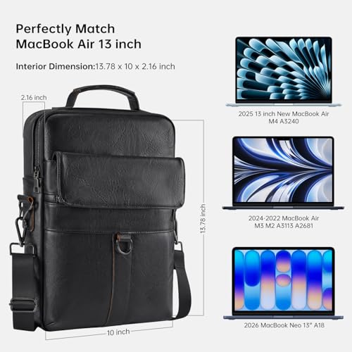 13 Inch Laptop Leather Sleeve for 2026-2022 MacBook Air 13 M5 M4 M3 M2 A3449 A3240 A3113 A2681, 13" MacBook Neo A18, Protective Carrying Bag Shoulder Travel Case with Pockets, Black - color: Black, size: 13 Inch