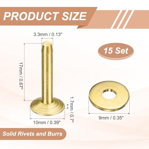 HARFINGTON 15Set Brass Rivets and Burrs Washers 10x3.3x19mm Dimpled Finish Solid Leather Rivet Fastener Studs Posts for Leather DIY Craft Belts Wallets Collars, Gold Yellow - color: Gold Yellow, size: 10x3.3x19mm