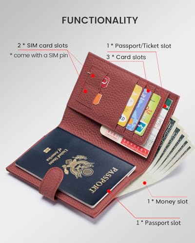 Karmiir RFID Passport Holder Travel Wallet for Women, Leather Passport Cover Wallet with Card Holders SIM Slots,Zippered Coins Pocket and Cash Slot Slim Compact Travel Wallet (Brick Red) - color: Brick Red
