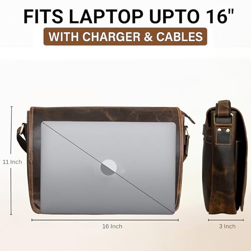 Leather Messenger Bag for Men - 16 Inch Full Grain Vintage Laptop Satchel | Crossbody Office Bag Fits 16" Laptop, Quick Access Pockets, Adjustable Shoulder Strap, Magnetic Closure, Travel Trolley Strap - color: Brown