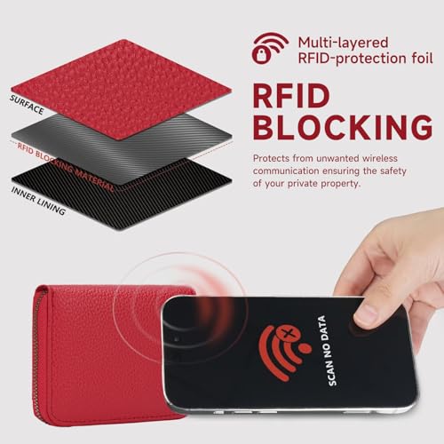 SENDEFN Leather Wallet Women RFID Blocking Small Compact Wallets Credit Card Holder with ID Window - color: A-Red