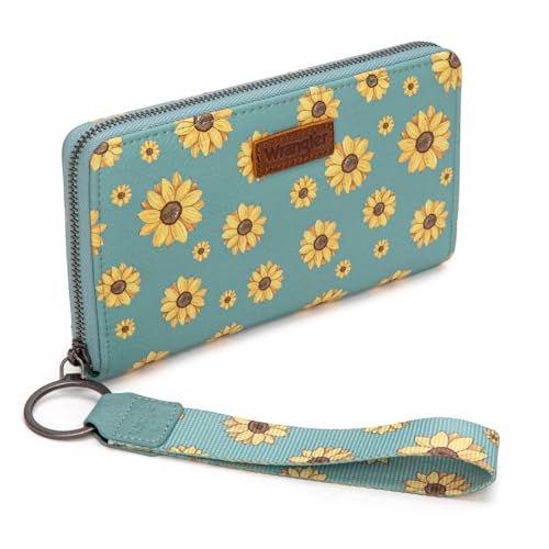 Wrangler Large Wristlet Wallet Women Daisy Wallets, Card Cases & Money Organizers Bifold Keychain Wallets Credit Card Phone Clutch Wallet Ladies Female with Smooth Zipper and ID Window - color: Daisy-Jeans Blue