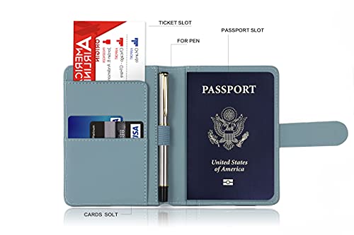 Melsbrinna Premium Leather Passport Holder Covers Case, Waterproof Rfid Blocking Travel Wallet Passport Holder with Pen Holder, Cute Passport Book for Women/Men - color: AB-Greyish green