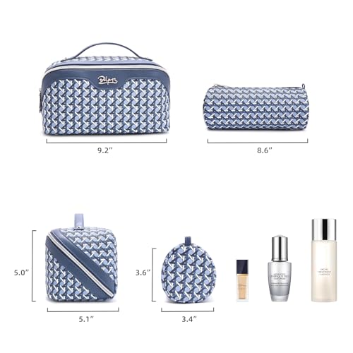 BOYATU Travel Makeup Bag Cosmetic Bags for Women: 3 Pcs Set Make up Bag | Large Capacity Waterproof Vegan Leather Organizer Bags with Compartments - Lay flat Toiletry with Handle (M-77Blue) - color: M-77Blue