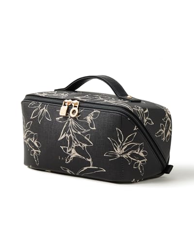 EACHY Travel Makeup Bag, Floral Cosmetic Bag for Women, Black, Medium - color: AH-Black, size: Medium