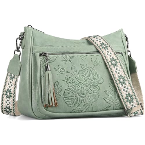 Crossbody Bags for Women, Medium Vegan Leather Purses | Large Capacity Multi-Pocket Embossed Shoulder Bag with Boho Strap for Daily Travel - color: Green