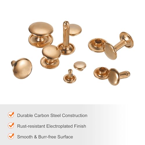 HARFINGTON 100 Sets Double Cap Leather Rivets, 6x8mm Round Cap Tubular Metal Studs Leather Crafting Rivets for Fabric Belt Pet Collar Boot Bag Repair and Decoration, Light Gold - color: Light Gold, size: 6x8mm