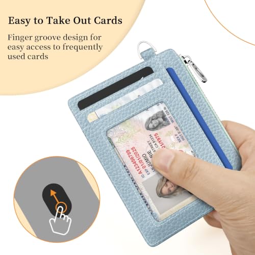 Hancynir Minimalist Slim Wallet Women Credit Card Holder, RFID Small Cute | Zipper Pocket Wallet, Thin Travel Coin Purse, Ladies Women Gifts, Key Chain Card Case, 6 Card Slots, ID Window, PU Leather - color: 01-Lichee Blue