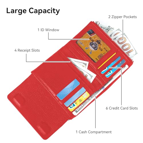Women's Bifold Wallet, Genuine Leather, Magnetic, ID Window | Holds 10+ Cards, 2 Zip Coin Pockets, Pebbled Cowhide, Snap Closure, Large Capacity, Multiple Colors, Compact 5.5x3.9in - color: B-Red