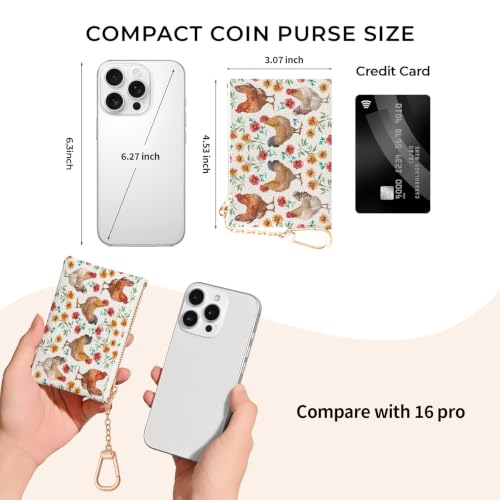 Chicken Rooster Keychain Coin Purse for Women, Small Change Pouch | Cute Floral Key Chain Purse, Mini Zipper Pocket, PU Leather, Travel Wallet for Girls, Coin Holder, Key Ring, Women Gifts - color: Chicken Rooster