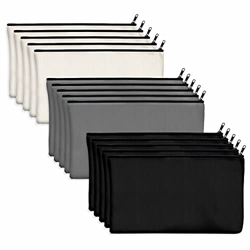 15 Pack Blank Cotton Canvas DIY Craft Zipper Bags Pouches Pencil Case for Makeup Cosmetic Toiletry Stationary Storage - color: Black + Grey + White