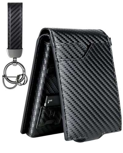 LIUGX Mens Wallet Set with Keychain, Slim Bifold Leather, 20 Cash, 12 Card - color: Carbon Fiber Black