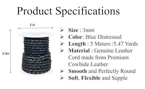 GENIQUE Real/Genuine Round Braided Leather Cord String Rope Folded, Leather Rope for Crafts, Jewelry Making, Necklace, Bracelets (Blue Distress, 3mm) - color: Blue Distress, size: 3mm