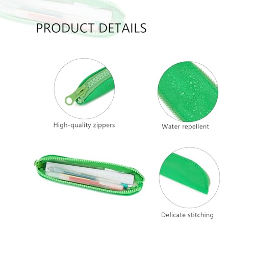 Slim Pencil Case Skinny Pen Case Pen Pouch (Oxford Grass Green) | Silver zipper; tough wipe-clean Oxford fabric; holds gel writers and a stylus; fits binders planners and backpacks - color: Grass Green