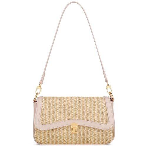 KKXIU Small Shoulder Bag for Women Cute Hobo Handbags Mini Clutch Purses | Classic Trendy Retro Underarm Crossbody Bag with Detachable Straps, Zipper Closure - color: Straw Weave-beige