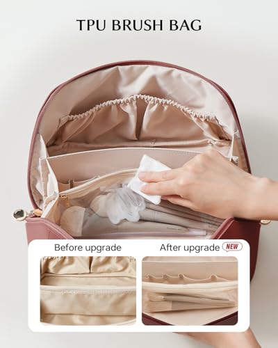 EACHY Travel Makeup Bag for Women, Flat Open Cosmetic Case, Red, Large | PU leather organizer with flat-open access, storage pockets and clear TPU brush compartment for daily makeup and toiletries - color: AO-Red, size: Large