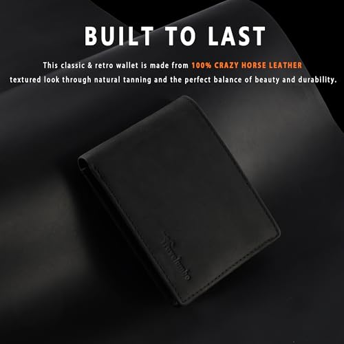 Travelambo Genuine Leather Wallet for Men with Gift Box - Handmade Bifold Stylish - Mens Wallets Rfid Blocking with 2 ID Windows - color: Craze Horse Black