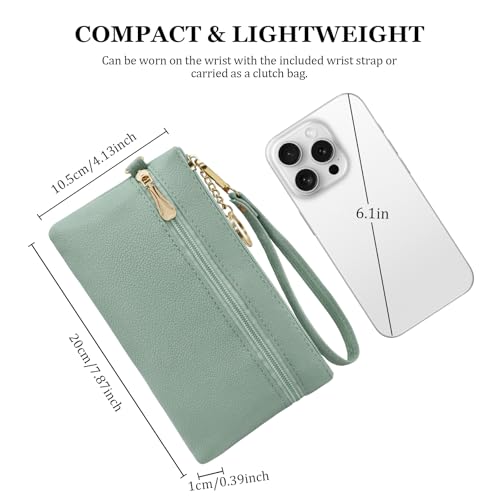 LJCZKA Leather Wristlet Wallet for Women Men Large Capacity Clutch Handbags Purses Long Cellphone Credit Card Holder Pocket Bag with Wrist Strap, Keychain (Green) - color: Green