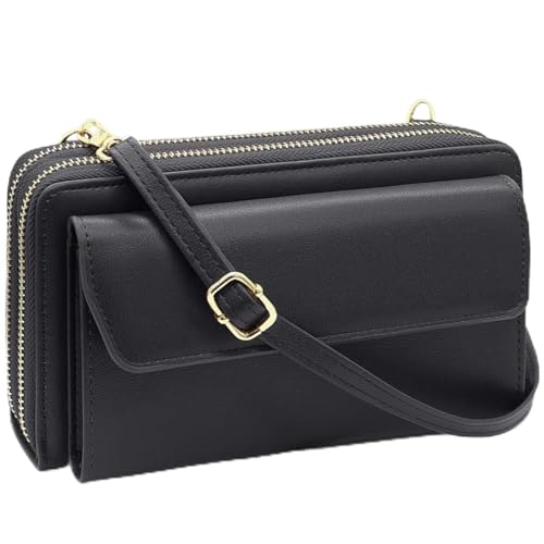 Women Leather Wallet Crossbody Shoulder Bag with Double Zipper and Mobile Phone Purse with Shoulder Strap - color: 109-black