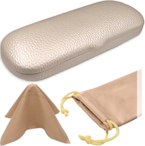 MyEyeglassCase Men Small Glasses case - Eyeglasses Hard Shell Holder Pouch & Cloth-Reading Slim & Narrow Case Heavy Duty - color: Pearl