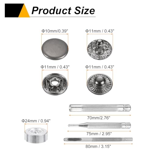 HARFINGTON 24Set Leather Snaps Fasteners Kit 10mm Dia Brass Press-Stud Cap Button 2.72" Length Metal Snap Buttons with 4 Install Tools for Coat Bag Leather Marine Boat Canvas, Gun - color: Gun