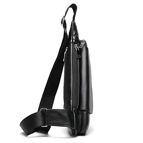 Genuine Leather Mens Sling Bag Triangle Small Women Crossbody Bags Purses Front Chest Day Pack One Shoulder Strap Backpack - color: Black