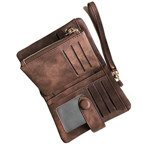 AOXONEL Women's Small Bifold Leather wallet Rfid blocking Ladies Wristlet with Card holder id window Coin Purse - color: Brown