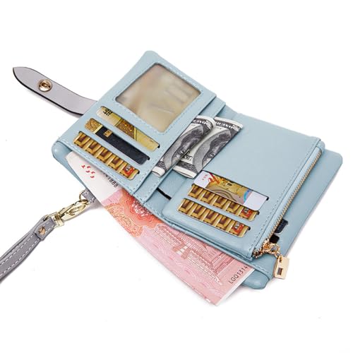 TPKUENL Wallets for Women Small Bifold Rfid Leather Zipper Coin Pocket Wrist Strap(Blue) - color: Blue