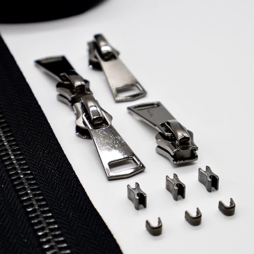 #8 Heavy Duty Metal Zipper by the Yard 3 Yards with 5 Sliders 10 Top Stops and 5 Bottom Stops for Tents Backpacks Outdoor Gear Cushion Covers DIY Pouches and Home Decor(Black/Black Teeth) - color: Black/Black Teeth
