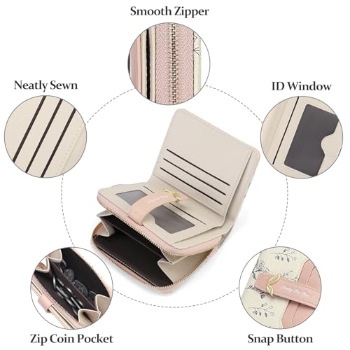 GAEKEAO Small Wallets Woman RFID Blocking Vegan Leather Bifold Floral Ladies Purse Card Holder with Zipper Pocket ID Window - color: Z-Pink