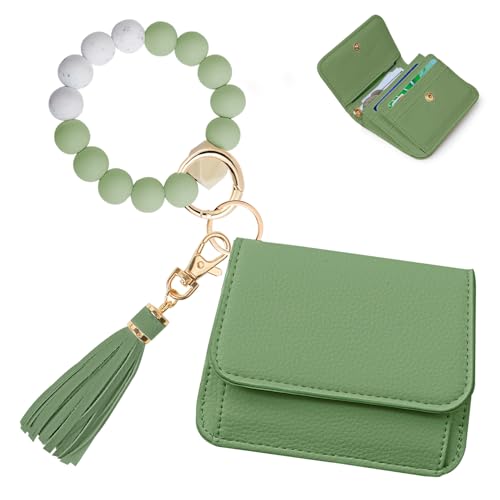 Keychain Wallet for Women,RFID Wristlet Wallet with Beaded Strap | Tri-Fold Design,6 Card Slots,ID Window,Zipper Coin Pocket,Lightweight Carry - color: Green