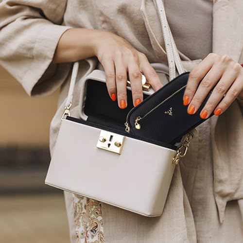 Genuine Leather Wristlet Wallets for Women Clutch Purse with Detachable Strap Slim Phone Wallet for Travel Wedding - color: Black