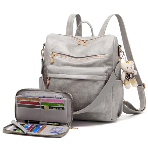 Soperwillton Women Backpack Purse Shoulder Handbags Travel Bag Set 2pcs | Soft PU Leather,Large Capacity,Many Pockets,with a Functional Wallet,with a Detachable Shoulder Strap,Multipurpose Design - color: Grey