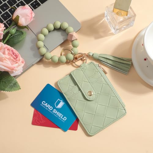 Snycler Solid color Beaded Wallet Wristlet Card Holder- Zip Card Wallet & Keychain with Tassel Accessory Gift - color: Green