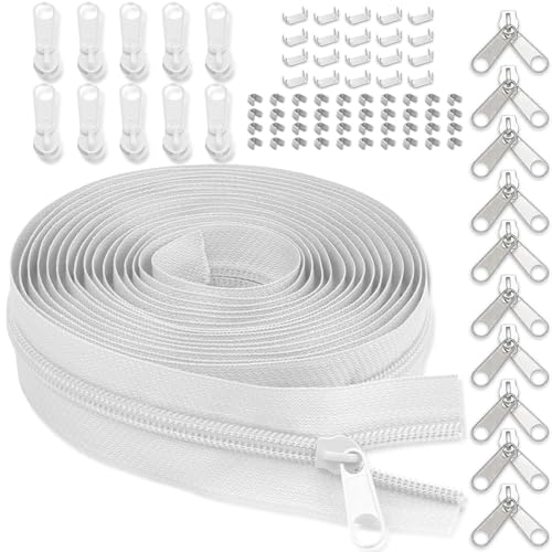 #5 Nylon Zipper Tape for Sewing: YZSFIRM 10 Yards White by The Yard Nylon Coil Zippers for DIY Sewing Craft with 10 Bulk Metal Zipper Slider and 10 Double Slider - color: 101 White, size: #5 Zipper