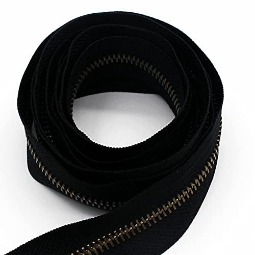#5 Antique Brass Metal Zippers by The Yard Bulk 2 Yards Black Tape with 10 pcs Sliders Handmade Zipper for Sewing Craft Bag Backpack, Wallets, Purses Leekayer - color: Antique brass