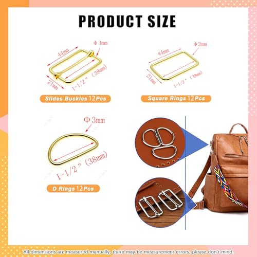 Metal Belt Buckle Hardware Set, 36 Pieces, 1-1/2 Inch, D-Rings and Slide Buckles, Rectangle Ring - color: Gold