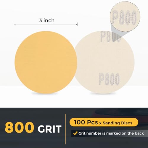 HARFINGTON 100 Pcs 3 Inch Sanding Discs 800 Grit Yellow Aluminum Oxide - size: 3 Inch(800 Grit)