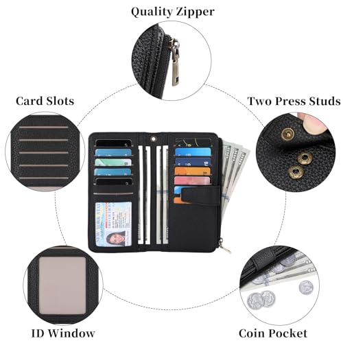 GAEKEAO Women Wallet RFID Blocking Leather Bifold Compact Card Holder Ladies Travel Wallet Purse, Large Capacity Wristlet - color: Z-black