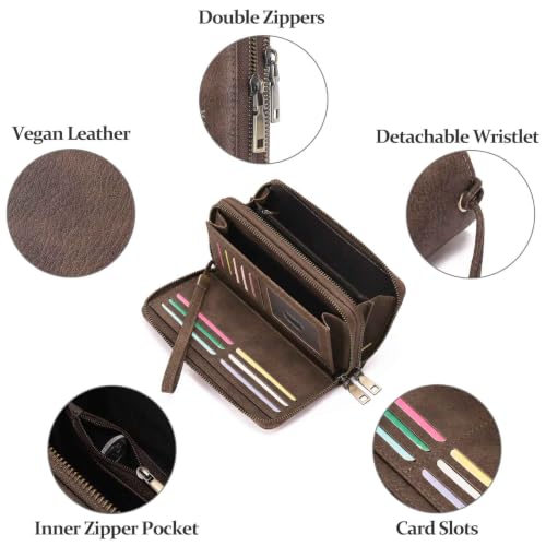 GOIACII Wristlet Wallets for Women 2 Zip Around Ladies Clutch Coffee Brown - color: Coffee Brown