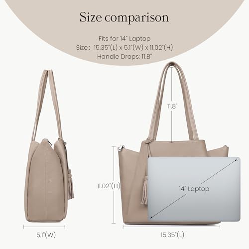 befen Genuine Leather Tote Bag for Women Work Leather Totes Purse Handbag | Real Leather, 14" Laptop Sleeve, Tassels, Multi-Pockets, Zipper - color: Taupe