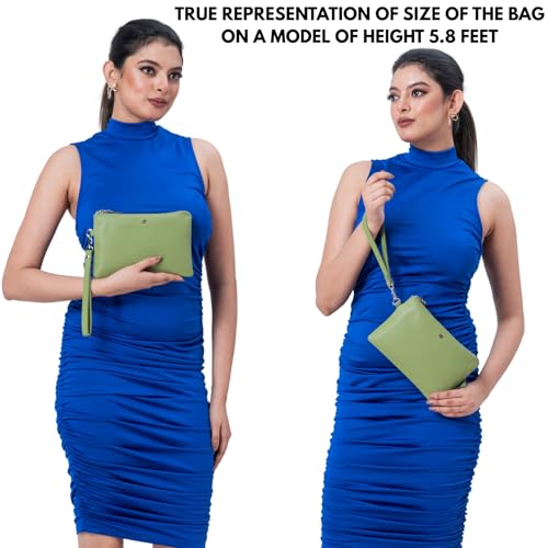 Leather Wristlet Wallet for Women Clutch Handbag Purse with Cell Phone Slot | Genuine Top Grain Leather, 8 Credit Card Slots, Detachable Strap, YKK Zipper, Gifts for Women - color: Sage Nappa