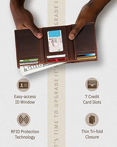 Trifold Wallets for Men - Slim RFID Blocking Wallet for Securing Personal Data - Front Pocket Friendly Genuine Leather Wallet - Mens Wallets Trifold with ID Window - Tri Fold Wallet Gifts for Men - color: Brown Crazyhorse