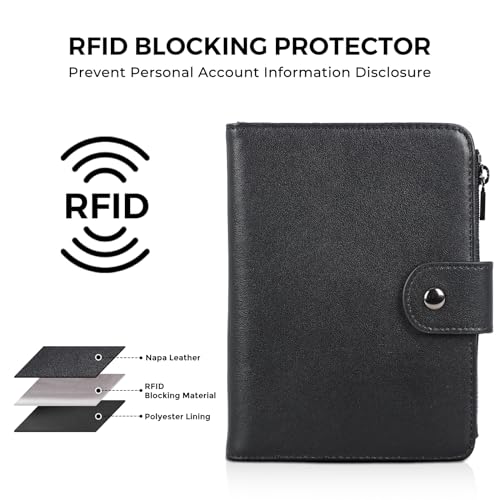 Polare Leather Passport Holder RFID Blocking Travel Bifold Wallet - color: Black with Zipper Pocket