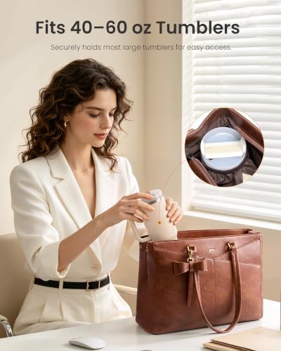 LOVEVOOK Laptop Tote Bag for Women,Leather Work Computer Briefcase Bag - color: Retro Brown-2, size: 15.6 inch