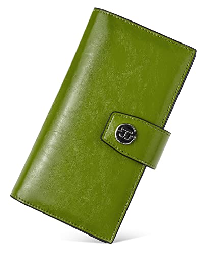 BOSTANTEN Womens Leather Wallet RFID Large Capacity Credit Card Holder | 20 Card Slots, Phone Holder, Zipper Coin Pocket, Clutch Wallet, Long Bifold, Ladies Gifts, Green - color: D-Green