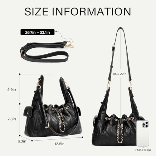 CLUCI Quilted Leather Handbag, Soft Tote Bags for Women with Adjustable Strap, Crumpled Shoulder Purse Tabby Slouchy Hobo Bag - color: Black