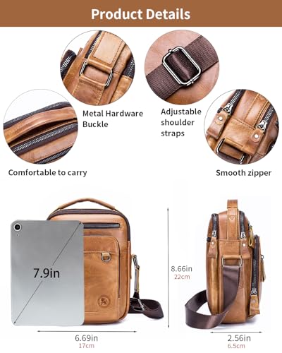 Leather Crossbody Bag for Men with Double Compartments | Genuine cowhide,two roomy sections,adjustable strap,zip closure,ideal for work,commuting,travel and gifts - color: Brown-1